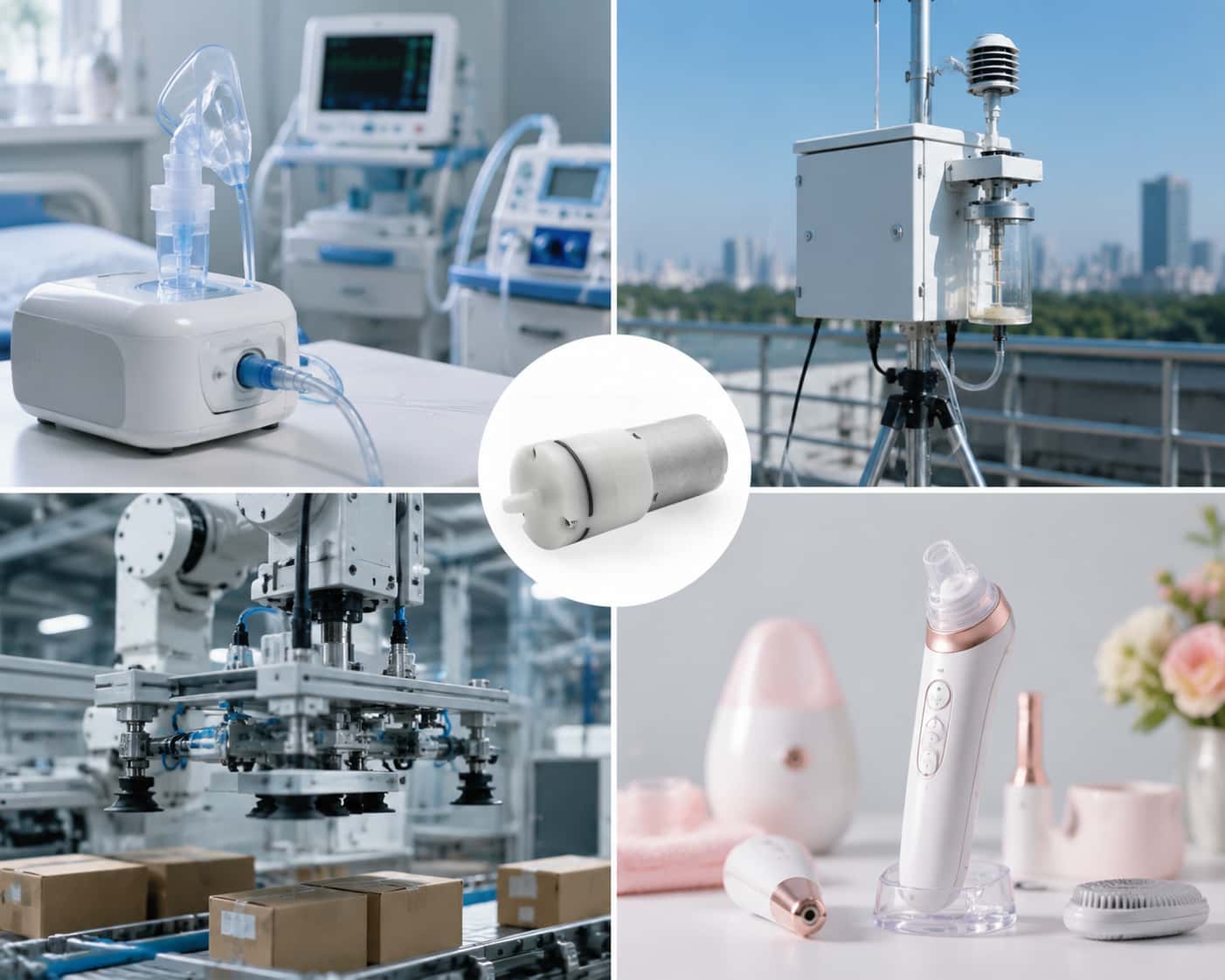 Micro diaphragm pump application scenarios including medical devices, environmental monitoring systems, industrial automation equipment, and beauty personal care devices with central OEM pump integration concept