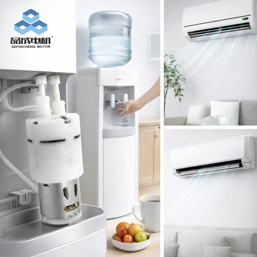 A compact micro water pump installed inside a modern white water dispenser, connected with clear tubing for fluid transfer.